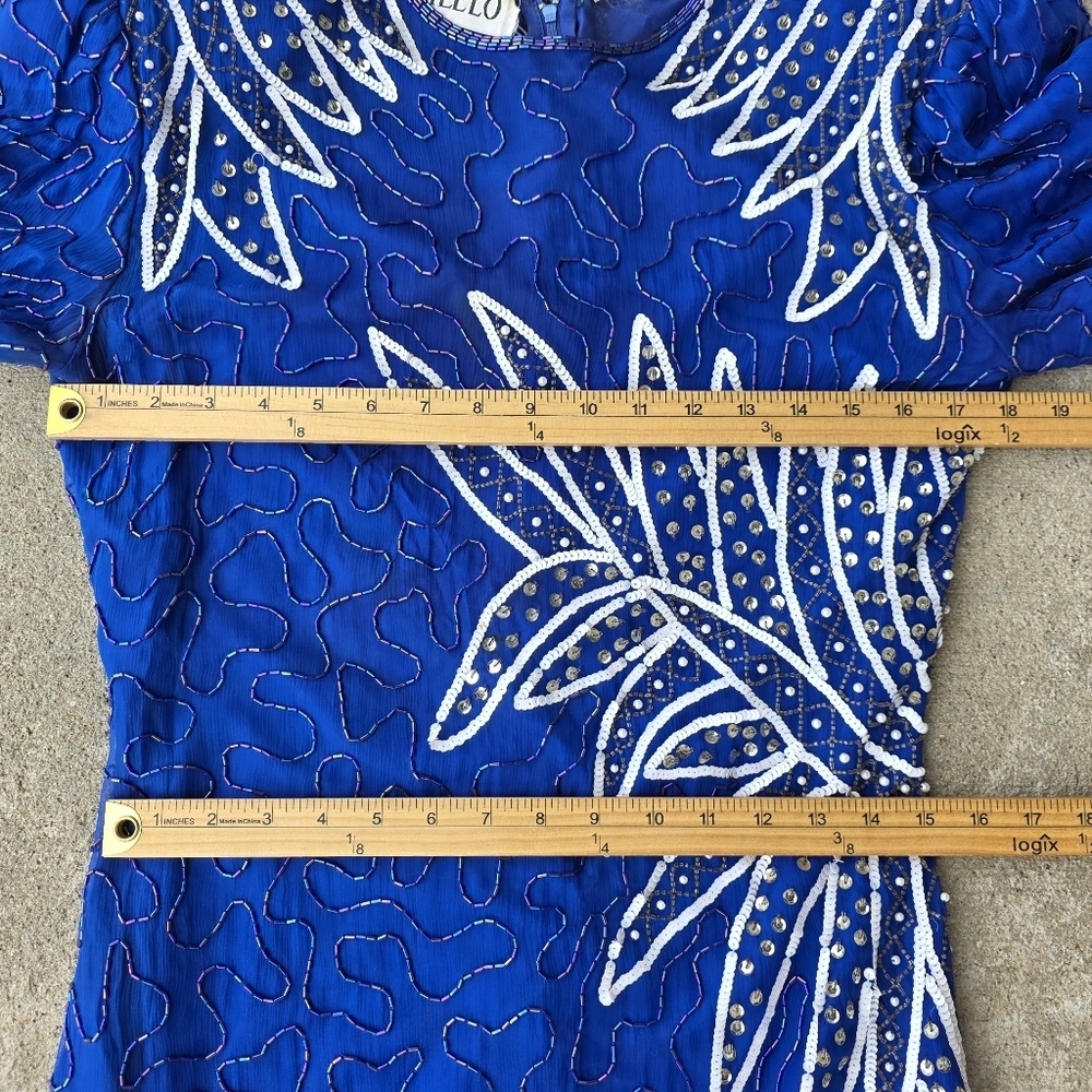 Vintage SWEELO Silk Beaded Blue Cocktail Dress 80s Art Deco Sheath M - Picture 13 of 16